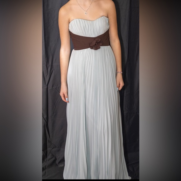 Light turquoise with brown belt, chiffon dress - Picture 1 of 3